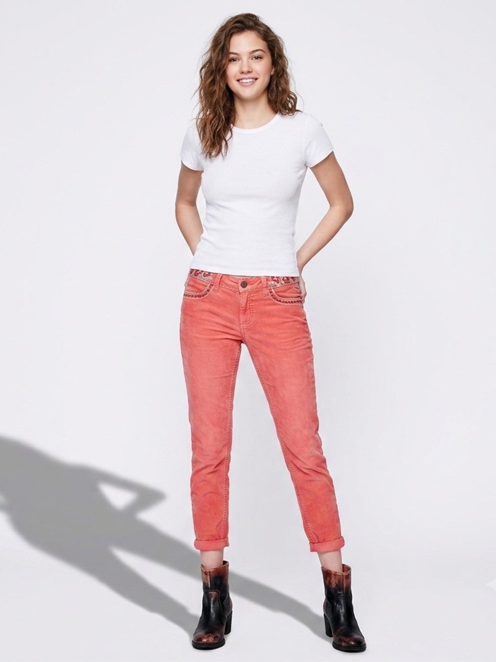 Free People Floral Embroidered Corduroy Low Rise Skinny Jeans Coral Pink NWT 24